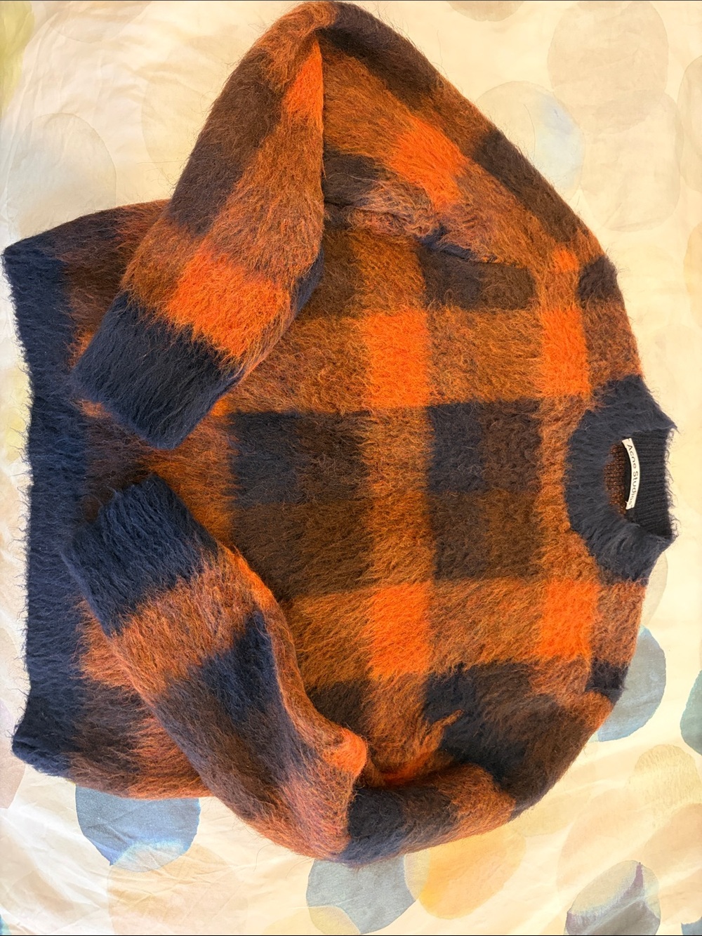 Acne Orange and Navy Check Fuzzy Crewneck Sweater